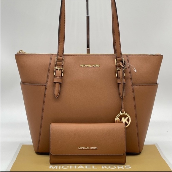 Michael Kors Large Charlotte Tote Bag & Large Trifold Wallet Luggage Brown - Picture 1 of 13